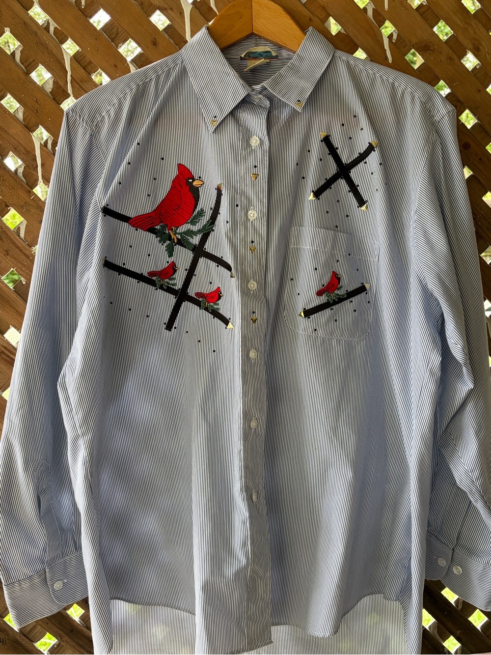 Vintage Las Olas Loved Intl Pinstripe Blouse Cardinals Rhinestones Christmas
